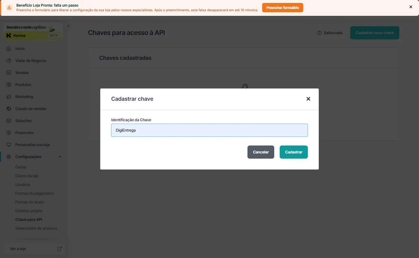 Modal "Cadastrar chave" da Loja Integrada com a identificação preenchida como DigiEntrega