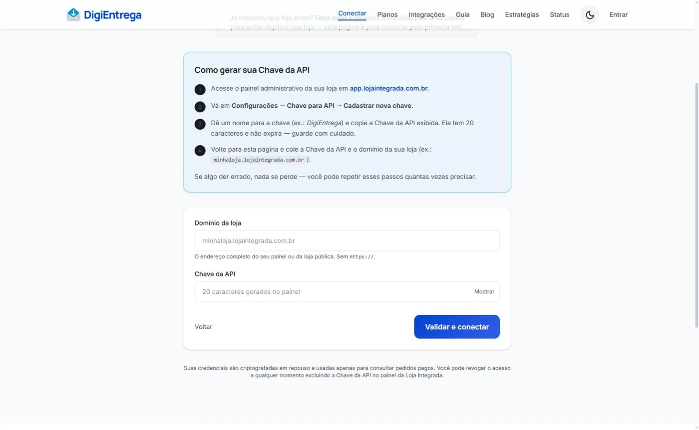 Formulário de conexão da DigiEntrega com os campos Domínio da loja e Chave da API, e o guia "Como gerar sua Chave da API"
