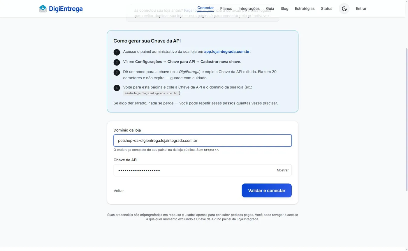 Formulário preenchido com o domínio da loja e a chave de API, pronto para clicar em "Validar e conectar"